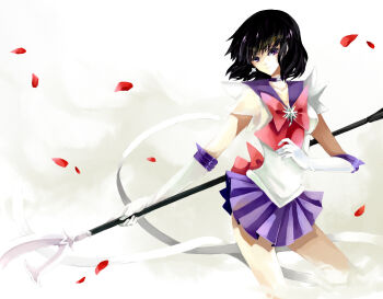 1990s_(style) 1girl bad_id bad_pixiv_id bishoujo_senshi_sailor_moon black_hair bob_cut bow brooch choker earrings elbow_gloves female_focus gloves holding holding_polearm holding_spear holding_weapon jewelry magical_girl miniskirt nako nako_(nonrain) petals polearm purple_eyes purple_skirt red_bow retro_artstyle sailor_saturn silence_glaive skirt solo spear staff star_brooch tomoe_hotaru weapon white_gloves