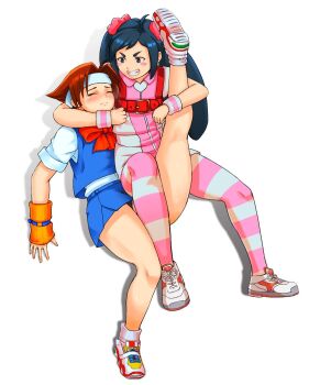 Rule 34 | 2girls, black background, blue eyes, blue hair, brown hair, capcom, catfight, closed eyes, gloves, highres, justice gakuen, karuizawa momo, miniskirt, multiple girls, ribbon, shirt, shoes, short hair, skirt, socks, twintails, wakaba hinata, white background