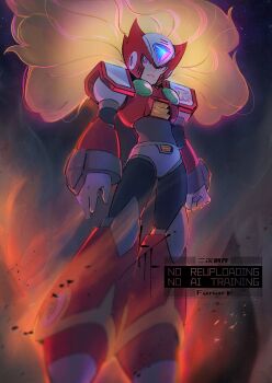 1boy android armor aura blonde_hair chest_jewel commentary floating_hair forehead_jewel full_body helmet long_hair male_focus mega_man_(series) mega_man_x_(series) midair purple_eyes red_armor red_helmet solo symbol-only_commentary to_i_to_io watermark zero_(mega_man)