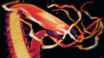 absurdres black_background centiskorch commentary_request fire gen_8_pokemon gigantamax gigantamax_centiskorch highres looking_ahead nintendo no_humans ouran pokemon pokemon_(creature) signature solo