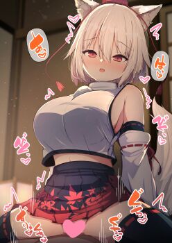 Rule 34 | 1boy, 1girl, absurdres, andon, animal ear fluff, animal ears, black skirt, black thighhighs, blurry, blurry background, blush, breasts, censored, clothed female nude male, clothed sex, commentary request, cowboy shot, cowgirl position, darumoon, detached sleeves, girl on top, hair between eyes, half-closed eyes, hat, heart, heart censor, hetero, highres, indoors, inubashiri momiji, large breasts, leaf print, long bangs, maple leaf print, midriff, motion lines, navel, no panties, nose blush, nude, open mouth, paid reward available, pom pom (clothes), print skirt, pussy, red eyes, red headwear, red skirt, ribbon-trimmed sleeves, ribbon-trimmed thighhighs, ribbon trim, sex, shirt, short hair, sideboob, skirt, sleeveless, sleeveless shirt, solo focus, straddling, tail, thighhighs, tokin hat, touhou, turtleneck, two-tone skirt, white hair, white shirt, white sleeves, wolf ears, wolf girl, wolf tail