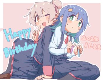 2girls absurdres back-to-back blush_stickers colored_inner_hair dated green_eyes hair_bun hair_ornament hair_ribbon happy_birthday hashtag-only_commentary highres holding holding_test_tube jacket loafers long_sleeves looking_at_viewer multicolored_hair multiple_girls neck_ribbon one_eye_closed onii-chan_wa_oshimai! open_mouth orange_eyes oyama_mahiro pantyhose pleated_skirt pointing pointing_at_self ribbon school_uniform shoes single_hair_bun sitting skirt smile suspender_skirt suspenders tenkawa_nayuta test_tube ylong yotsuba_university_affiliated_junior_high_school_uniform