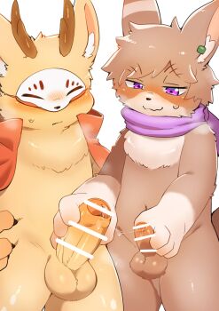 2boys absurdres animal_ears antlers bar_censor blush cape censored chinese_commentary claws closed_mouth commentary_request deer_antlers erection eye_mask fabulous_beasts furry furry_male half-closed_eyes hand_on_own_hip highres hitsuji_tarou horns looking_at_penis looking_down male_focus male_masturbation mask masturbation multiple_boys navel penis precum purple_eyes purple_scarf rabbit_boy rabbit_ears rabbit_tail red_cape scarf sibuxiang_(fabulous_beasts) smile sweat tail testicles tuye_(fabulous_beasts) wavy_mouth white_background yaoi