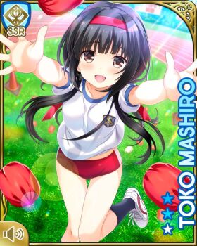 1girl arms_out black_bow black_hair black_legwear bow buruma card_(medium) character_name collarbone day girlfriend_(kari) grass grey_eyes hair_ribbon headband mashiro_toko official_art open_mouth outdoors qp:flapper red_buruma ribbon running_track school school_uniform shirt shoes smile sneakers socks standing standing_on_one_leg tagme traffic_cone white_shirt