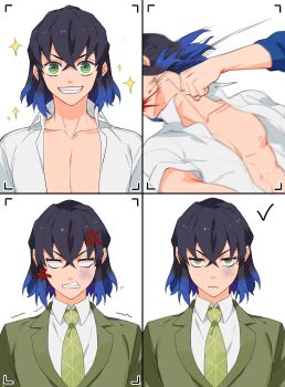 1boy anger_vein angry black_hair blank_eyes blonde_hair blood blouse blue_hair bruise bruise_on_face clenched_hand clenched_teeth closed_mouth collared_shirt colored_tips crossed_bangs dress_shirt frown green_eyes green_necktie grin hair_between_eyes hashibira_inosuke highres in_the_face injury jitome kimetsu_gakuen kimetsu_no_yaiba looking_at_viewer male_focus maosen motion_lines multicolored_hair multiple_views necktie nipples open_clothes open_shirt out_of_frame punching school_uniform sequential shirt short_hair short_sleeves simple_background smile sparkle straight-on streaked_hair taking_picture teeth tomioka_giyuu trembling viewfinder white_background white_shirt