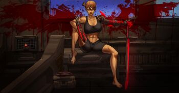 1girl absurdres angel_wings armor asymmetrical_arms barefoot black_horns black_shorts black_sports_bra blood blood_on_wall blood_splatter breasts brown_hair casual claws corruption dark-skinned_female dark_skin day_of_wrath_(infinitypilot) demon demon_girl demon_horns demon_wings doom_(2016) doom_(series) elite_guard_(doom) exhibitionism fanfic fantasy glowing glowing_sword glowing_weapon gun handgun highres holding holding_gun holding_sword holding_weapon horns large_breasts looking_at_viewer mars_(planet) midriff midriff_peek monster_girl muscular muscular_female mutant mutation occult original power_suit presenting public_indecency red_armor ruby_taylor_(day_of_wrath) science_fiction shorts single_horn sitting smile soldier solo solo_focus sports_bra sportswear spread_legs sword texd41 vorpal_sword_(day_of_wrath) warrior weapon wings