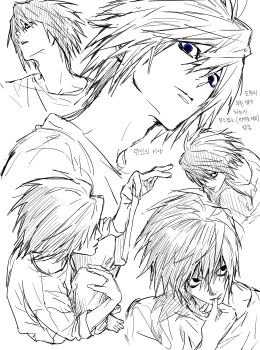 Rule 34 | 1boy, barefoot, biting, blue eyes, closed mouth, commentary request, death note, empty eyes, expressionless, hand on own knee, head tilt, highres, holding, holding paper, korean commentary, korean text, l (death note), long sleeves, looking at viewer, looking to the side, male focus, multiple views, nail biting, om7mol, open mouth, paper, parted lips, serious, shaded face, short hair, sitting, spiked hair, spot color, translation request, white background