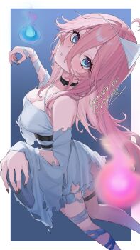 1girl absurdres bandaged_leg bandages bare_shoulders belt black_choker black_nails blue_eyes blurry breasts choker cleavage commentary depth_of_field dress english_commentary ghost_costume ghost_pose hair_between_eyes highres hitodama long_hair long_sleeves looking_at_viewer medium_breasts mugripley nail_polish original parted_lips pink_hair solo thigh_strap torn_clothes torn_dress very_long_hair white_dress