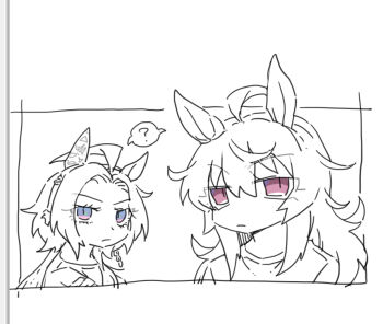 ? ahoge animal_ears beer_hsk character_request cropped_torso horse_ears long_hair monochrome orfevre_(umamusume) purple_eyes red_eyes shared_speech_bubble shirt simple_background speech_bubble spoken_question_mark spot_color umamusume upper_body white_background