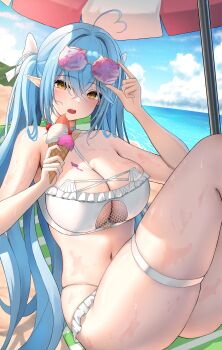 1girl absurdres adjusting_eyewear ahoge beach beach_umbrella bikini blue_hair blue_sky breasts cat-shaped_eyewear choker cleavage commentary_request crossed_bangs day double-parted_bangs eyewear_on_head fishnet_top fishnets food food_on_body food_on_breasts hair_between_eyes heart heart_ahoge highres holding holding_ice_cream_cone hololive ice_cream ice_cream_cone knees_up large_breasts legs_together long_hair looking_at_viewer multi-strapped_bikini_bottom navel open_mouth outdoors p-tomi pointy_ears purple-tinted_eyewear relaxing sitting sky solo stomach sunglasses swimsuit thigh_strap tinted_eyewear twintails umbrella very_long_hair virtual_youtuber white_bikini white_choker yellow_eyes yukihana_lamy