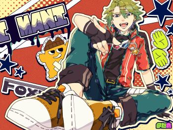 Rule 34 | 1boy, :d, black gloves, blue eyes, brown shirt, commentary, fingerless gloves, full body, gloves, green pants, grey hair, hair between eyes, highres, jacket, looking at viewer, male focus, notamaru 2, open clothes, open jacket, open mouth, orange shoes, original, outline, pants, red background, shirt, shoes, short-sleeved jacket, short hair, short sleeves, sitting, smile, sneakers, star (symbol), sticker, white outline