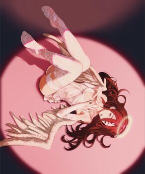 1boy angel angel_devil_(chainsaw_man) angel_wings ass chainsaw_man closed_mouth commentary crossdressing crossdressing_(mtf) elbow_gloves english_commentary feet full_body gloves glowing glowing_halo hair_between_eyes halo highres lace lace-trimmed_gloves lace-trimmed_thighhighs lace_trim lingerie long_hair looking_at_viewer lying male_focus naocturnall on_back red_hair sideways solo spotlight thighhighs thighs traditional_halo underwear white_wings wings