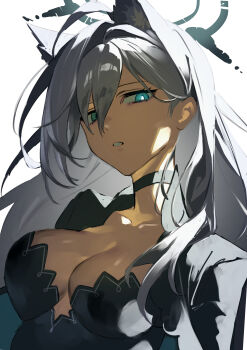 1girl 333takoyaki absurdres animal_ear_fluff animal_ears black_choker black_dress blue_archive blue_eyes breasts choker cleavage commentary_request dress grey_hair hair_between_eyes halo highres large_breasts long_hair looking_at_viewer mismatched_pupils parted_lips shiroko_terror_(blue_archive) simple_background solo upper_body very_long_hair white_background