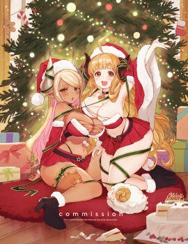 2girls :d ahoge anila_(granblue_fantasy) arm_up armpits bare_shoulders bell belt black_belt black_panties black_shoes blonde_hair blunt_bangs blush box breasts cake christmas christmas_tree cleavage commentary commission curled_horns dark-skinned_female dark_skin detached_sleeves draph english_commentary food fur-trimmed_headwear fur-trimmed_sleeves fur_trim gift gift_box granblue_fantasy green_ribbon hand_on_another's_thigh hat high_heels highleg highleg_panties highres horn_ornament horn_ribbon horns indoors kumbhira_(granblue_fantasy) large_breasts leg_ribbon long_hair looking_at_another microskirt multiple_girls navel neck_bell open_mouth panties pig pleated_skirt pointy_ears red_skirt ribbon santa_costume santa_hat sheep sheep_horns shoes short_eyebrows sitting skindentation skirt smile sumustard teeth thick_eyebrows thigh_ribbon underwear upper_teeth_only very_long_hair yellow_eyes