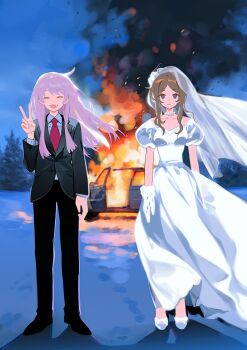 2girls bang_dream! bang_dream!_it's_mygo!!!!! black_jacket black_pants black_vs_white blue_eyes breasts bridal_veil brown_hair burning chihaya_anon collarbone collared_shirt commentary dress fangs female_focus fire formal_clothes full_body highres jacket long_hair medium_breasts multiple_girls nagasaki_soyo necktie open_mouth outdoors pants parody_request pink_hair red_necktie shirt standing suit v veil wedding wedding_dress white_dress white_shirt wife_and_wife yayako_(804907150) yuri
