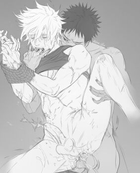 2boys anal ass bdsm bondage bound bound_wrists closed_eyes clothes_lift cum ejaculating_while_penetrated ejaculation finger_in_another&#039;s_mouth hands_together hatake_kakashi highres lying male_focus male_penetrated monochrome multiple_boys nail_polish naruto_(series) naruto_shippuuden nude on_side one_eye_closed penis scar scar_across_eye scar_on_face sex shirt shirt_lift short_hair siinnk spooning testicles toned toned_male uchiha_obito yaoi