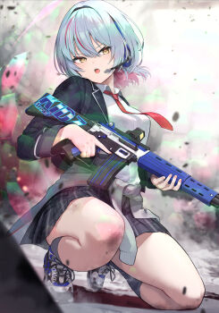 1girl asamiya_ririse assault_rifle black_jacket black_skirt black_socks blazer breasts chotto_sensou_katte_kuru clothes_around_waist collared_shirt colored_inner_hair commentary cover cover_page debris dirty dress_shirt energy_barrier eotech floating_hair floating_neckwear grey_hair grey_sweater gun hair_between_eyes headphones headset highres holding holding_gun holding_weapon howa_type_89 isegawa_yasutaka jacket kneehighs looking_at_viewer medium_breasts microphone multicolored_hair necktie novel_cover official_art on_one_knee open_clothes open_jacket open_mouth plaid_clothes plaid_skirt pleated_skirt red_hair red_necktie red_pupils rifle school_uniform shirt shoes skirt smoke sneakers socks solo streaked_hair sweater sweater_around_waist symbol-only_commentary teeth tongue trigger_discipline two-tone_hair upper_teeth_only v-shaped_eyebrows weapon white_shirt yellow_eyes