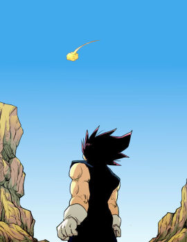 1boy blue_sky commentary_request dragon_ball dragonball_z flying_nimbus from_below gloves jumpsuit looking_up male_focus muscular muscular_male senka-san sky solo vegeta white_gloves