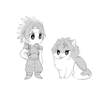 1boy :3 :o animalization armor belt boots bright_pupils chibi chibi_only crisis_core:_final_fantasy_vii dog final_fantasy final_fantasy_vii full_body greyscale hair_intakes hand_on_own_hip hattouissenbaka highres looking_at_another male_focus monochrome multiple_belts parted_bangs pauldrons person_and_animalization puffy_pants shoulder_armor sitting sketch sleeveless sleeveless_sweater sleeveless_turtleneck spiked_hair standing sweater tongue tongue_out turtleneck turtleneck_sweater white_background zack_fair