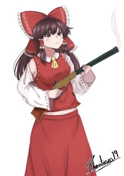 1girl absurdres ascot bow breasts brown_eyes brown_hair closed_mouth commentary detached_sleeves english_commentary frilled_bow frilled_hair_tubes frills gun hair_bow hair_tubes hakurei_reimu henry_rifle highres holding holding_gun holding_weapon lever_action long_hair looking_at_viewer medium_breasts phantasos19 red_bow red_skirt ribbon-trimmed_sleeves ribbon_trim rifle shotgun signature skirt skirt_set smoke smoking_barrel solo touhou weapon yellow_ascot