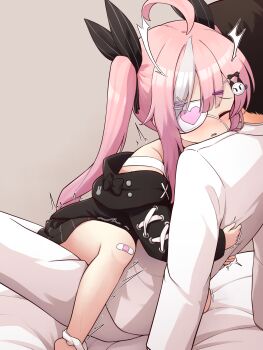 1boy 1girl absurdres ahoge azur_lane bandaid bandaid_on_knee bandaid_on_leg black_jacket black_ribbon bow cat_hair_ornament clothed_sex commentary_request cross-laced_clothes cross-laced_sleeves eyepatch girl_on_top hair_bow hair_ornament hair_ribbon hairclip highres hood hooded_jacket hug implied_sex jacket loli long_hair long_sleeves motion_lines multicolored_hair one_eye_closed one_eye_covered open_mouth panties panties_around_leg pink_hair ribbon sex shoboimu sidelocks streaked_hair trembling twintails two-tone_hair underwear variant_set white_hair white_panties x_hair_ornament z47_(azur_lane)