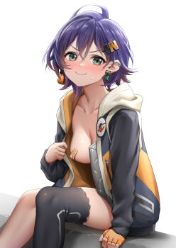 >:) 1girl absurdres bandaid bandaids_on_nipples belle_(zenless_zone_zero) black_thighhighs blue_hair breasts commentary_request grey_eyes hair_ornament hairclip highres jacket long_sleeves looking_at_viewer medium_breasts open_clothes open_jacket pasties royboy short_hair simple_background single_thighhigh sitting solo thighhighs v-shaped_eyebrows white_background zenless_zone_zero