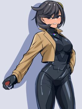 1girl black_hair bodysuit breasts dark-skinned_female dark_skin emma_(pokemon) gloves jacket kasyo large_breasts looking_to_the_side nintendo poke_ball pokemon pokemon_legends:_z-a purple_eyes short_hair teeth