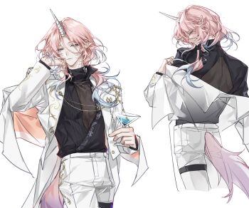 1boy absurdres aqua_eyes black_bow black_shirt blue_hair bow capelet chinese_commentary closed_mouth coat cocktail_glass colored_tips cowboy_shot cropped_legs cup drink drinking_glass emic_(welcome_to_dreamland) expressionless fold-over_collar from_behind gougounengyoushenmehuaixinsini10205 hair_bow hair_over_shoulder half-closed_eyes hand_in_own_hair highres holding holding_cup horse_tail lapels long_hair long_sleeves looking_at_viewer looking_back low_side_ponytail male_focus multicolored_hair multiple_views notched_lapels off_shoulder open_clothes open_coat orange_capelet pants parted_bangs parted_lips pink_hair pointy_ears profile see-through_clothes see-through_shirt shirt simple_background solo standing sweater_guard tail thigh_strap turtleneck turtleneck_shirt two-sided_capelet undershirt unicorn_boy unicorn_horn welcome_to_dreamland white_background white_capelet white_coat white_pants x-ray