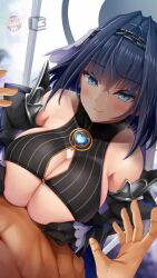 1boy 1girl animated artist_logo audible_speech bare_shoulders black_gloves black_shirt black_sleeves blue_eyes blue_hair blush breasts chain chain_hairband cleavage cleavage_cutout closed_mouth clothing_cutout cum cum_on_body cum_on_breasts cum_on_clothes cum_on_hair cum_on_upper_body detached_sleeves ejaculation facial from_above gloves grabbing_own_breast grey_shirt half-closed_eyes happy hetero highres hololive hololive_english large_breasts laughing live2d logo long_hair looking_at_viewer looking_up losloslos_lx3 naughty_face one_eye_closed oni-noboru open_mouth ouro_kronii ouro_kronii_(1st_costume) paizuri paizuri_under_clothes pov pov_crotch pov_hands seductive_smile shirt sideboob sleeveless sleeveless_shirt smile solo_focus sound streamer_audio striped_clothes striped_shirt tagme teeth two-tone_shirt upper_body vertical_stripes video virtual_youtuber zipper