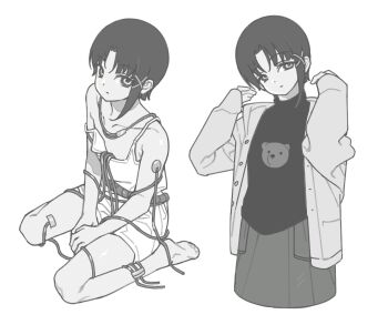 1girl animal_print bare_shoulders barefoot bear_print camisole cowboy_shot cropped_legs denovo320 flat_chest full_body grey_jacket greyscale hair_ornament highres iwakura_lain jacket kneeling looking_at_viewer monochrome multiple_views parted_lips print_shirt serial_experiments_lain shirt short_hair shorts single_sidelock skirt solo spaghetti_strap strap_slip white_background white_camisole white_shorts wire x_hair_ornament