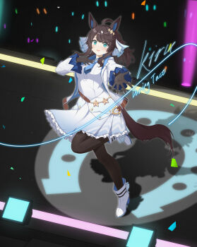 1girl absurdres ahoge animal_ears artist_name belt blue_eyes blush breasts character_doll commentary_request daring_tact_(umamusume) doll full_body hair_between_eyes hair_ornament highres horse_ears horse_girl jacket kiru_(user_spfe2432) long_hair looking_at_viewer medium_breasts medium_hair open_mouth pantyhose shoes solo stage standing standing_on_one_leg umamusume