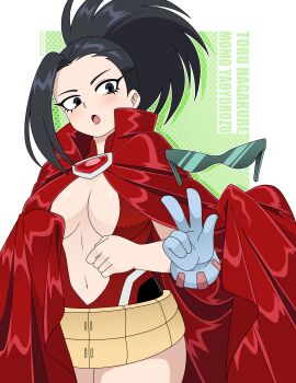 2girls absurdres belt belt_skirt black_eyes black_hair blue_gloves boku_no_hero_academia breasts cape center_opening character_name cleavage glasses gloves hagakure_toru hair_pulled_back highres invisible large_breasts leotard long_hair looking_at_another mt multiple_girls navel nico-neko open_mouth ponytail red_cape red_leotard shiny_skin sunglasses v wide_ponytail yaoyorozu_momo