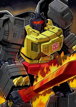 Rule 34 | absurdres, assault visor, autobot, fire, flaming sword, flaming weapon, grimlock, highres, humanoid robot, insignia, jim stafford, mask, mecha, mouth mask, no humans, red visor, robot, sword, transformers, transformers: generation 1, weapon