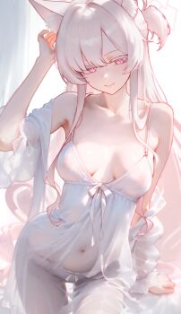 1girl akira_(blue_archive) alternate_costume animal_ear_fluff animal_ears bare_shoulders blue_archive blush cat_ears cat_girl cat_tail closed_mouth collarbone colored_eyelashes commentary covered_erect_nipples covered_navel dress extra_ears hair_intakes halo hand_up highres long_hair looking_at_viewer mellow_(srpp4843) navel off_shoulder one_side_up panties pink_eyes see-through_clothes see-through_dress smile solo stomach untranslatable_commentary tail underwear wet wet_clothes wet_dress white_dress white_eyelashes white_hair white_halo white_panties
