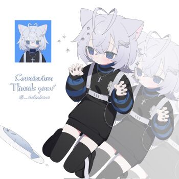 1girl animal_ears antenna_hair artist_name black_shoes black_sweater black_thighhighs blue_eyes cat_ears cat_girl cat_tail claw_pose commentary commission cross cross_necklace fish full_body grey_hair hands_up highres jewelry long_sleeves necklace original sakakiai shoes skeb_commission striped_sleeves sweater tail thighhighs zoom_layer