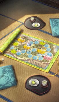 commentary_request cup cushion dice drink fate/grand_order fate_(series) food green_tea higashiyama_hayato indoors light_particles map_(object) no_humans official_art plate saucer scroll still_life tatami tea third-party_source tray yunomi