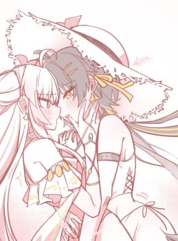 2girls ahoge alternate_costume arm_strap bare_shoulders black_hair blush carlotta_(splashing_summer)_(wuthering_waves) carlotta_(wuthering_waves) chinese_commentary commentary_request dated earrings eye_contact female_rover_(wuthering_waves) hair_ornament hair_ribbon hairclip hand_on_another&#039;s_face hat highres hug jewelry long_hair looking_at_another low_ponytail multiple_girls official_alternate_costume parallel_hairclips parted_lips ponytail ribbon rover_(wuthering_waves) signature starblame sweatdrop wuthering_waves yellow_eyes yellow_ribbon yuri