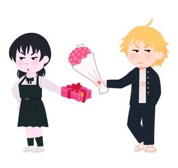 1boy 1girl averting_eyes black_dress black_hair blonde_hair bouquet bubblemunne chainsaw_man commentary denji_(chainsaw_man) dress english_commentary flower fourth_east_high_school_uniform gakuran gift hand_in_pocket hand_on_own_hip highres holding holding_bouquet holding_gift irasutoya mifune_takashi_(style) mitaka_asa parody pinafore_dress school_uniform sleeveless sleeveless_dress style_parody v-shaped_eyebrows