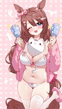 1girl absurdres animal_ears blue_eyes blush bow bra braid breasts brown_hair cat commentary_request ear_bow hair_between_eyes heart highres holding holding_rattle horse_ears horse_girl horse_tail jacket large_breasts long_hair looking_at_viewer multicolored_hair navel one_eye_closed open_clothes open_jacket open_mouth panties pink_bow pink_jacket rattle slippers smile solo standing standing_on_one_leg star_(symbol) stomach streaked_hair super_creek_(umamusume) tail tandohark thighhighs thighs umamusume underwear very_long_hair white_bra white_hair white_panties white_thighhighs