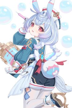 1girl animal_ears ankle_boots ass black_shorts blue_hair blue_shirt boots bubble commentary_request diamond_cutout foot_out_of_frame from_behind genshin_impact gloves hair_ornament hat high-waist_shorts highres holding holding_syringe large_syringe long_sleeves looking_at_viewer low_twintails medium_hair mini_wings nurse_cap open_mouth oversized_object pantyhose pantyhose_cutout pom_pom_(clothes) pom_pom_hair_ornament puffy_long_sleeves puffy_sleeves red_eyes shirt shorts sigewinne_(genshin_impact) smile solo syringe tail teeth tsukimi_yaya twintails upper_teeth_only white_background white_gloves white_hat white_pantyhose wings