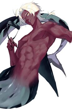1boy abs absurdres blonde_hair cetacean_tail chinese_commentary commentary_request dark-skinned_male dark_skin fingernails fins fish_tail goggles highres holding holding_goggles looking_at_viewer male_focus medium_hair merman monster_boy nipples original parted_lips pointy_ears ryoryo. sharp_fingernails simple_background slit_pupils solo tail toned toned_male white_background yellow_eyes