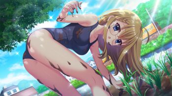 1girl ahoge ass bent_over blonde_hair blue_eyes blue_one-piece_swimsuit blue_sky braid breasts cleavage cloud collarbone day dirty dirty_clothes dirty_face dirty_hands dot_nose dutch_angle fang feet_out_of_frame film_grain from_side furumi_chie game_cg glasses hand_up holding house izumi_tsubasu large_breasts lens_flare long_hair looking_at_viewer mud multiple_unit_train non-web_source official_art one-piece_swimsuit open_mouth outdoors re:stage! rice_paddy rice_planting school_swimsuit skin_fang sky solo sparkle sunlight swimsuit train tree utility_pole