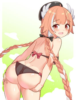 1girl ass ass_focus ass_support bare_shoulders bikini blush braid breasts cougar_(cougar1404) dimples_of_venus from_behind hair_ribbon hat head_wings huge_ass leaning leaning_forward long_hair looking_at_viewer looking_back medium_breasts multicolored_hair open_mouth orange_eyes orange_hair ribbon sideboob smile solo swimsuit twin_braids two-tone_hair very_long_hair white_hair wings
