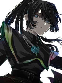 Rule 34 | 1girl, ado (utaite), belt, black belt, black hair, black jacket, blue eyes, blue flower, blue rose, chando (ado), closed mouth, commentary, flower, gunjyou (gunjyou 00), highres, jacket, jewelry, long hair, looking at viewer, mars (ado), mole, mole under eye, necklace, ponytail, rose, simple background, solo, upper body, utaite, white background