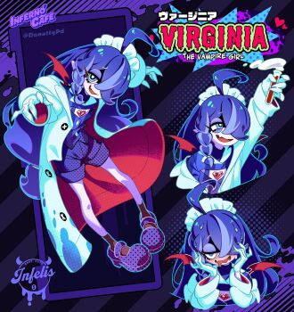 1girl ahoge arm_up arms_up bat_wings blue_eyes blush braid brown_socks buttons character_name chest_jewel coat diamond_(shape) donuttypd door dots dripping eyeshadow fingernails gem gloves hair_over_one_eye half-closed_eyes hand_up hands_up head_tilt heart heart-shaped_gem holding holding_test_tube huge_ahoge inferno_cafe lab_coat liquid logo long_hair long_sleeves looking_at_object looking_at_viewer looking_to_the_side looking_up low-tied_long_hair maid_headdress makeup mary_janes monster_girl multicolored_background nose_blush open_clothes open_coat original pale_skin purple_background purple_eyeshadow purple_footwear purple_hair purple_shorts purple_vest red_gemstone red_wings saliva sharp_fingernails sharp_teeth shoes shorts single_braid single_tooth smile smoke socks squinting stain striped_background striped_clothes striped_vest sweat teeth test_tube tongue vampire vertical-striped_clothes vertical-striped_vest very_long_hair vest virginia_(inferno_cafe) white_coat white_gloves wings