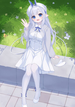 1girl :d absurdres animal blue_eyes breasts bug butterfly collared_shirt commentary_request day demon_girl demon_horns demon_tail dress_shirt eyebrows_hidden_by_hair flower grey_hair grey_jacket grey_pantyhose hand_up hashiko_nowoto head_tilt highres horns insect jacket long_hair long_sleeves looking_at_viewer medium_breasts open_mouth original outdoors pantyhose pleated_skirt pointy_ears shirt shoes skirt smile solo tail very_long_hair white_flower white_shirt white_shoes white_skirt yellow_flower
