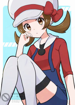 1girl aoneko4ao_(edwf7745) blue_background blue_overalls bow brown_eyes brown_hair commentary_request eyelashes grey_thighhighs hand_up hat hat_bow looking_at_viewer lyra_(pokemon) nintendo overalls pokemon pokemon_heartgold_and_soulsilver red_bow red_shirt shirt sitting solo thighhighs three-quarter_sleeves twintails white_hat