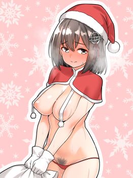 absurdres areola_slip bag bikini bikini_bottom_only black_hair blush bob_cut breasts capelet commentary_request embarrassed full-face_blush furaggu_(frag_0416) gift_bag gloves haguro_(kancolle) hair_ribbon hat highres holding holding_bag kantai_collection large_breasts red_bikini red_capelet red_ribbon revealing_clothes ribbon santa_hat short_hair stomach swimsuit thighs variant_set white_gloves