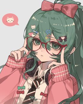 1girl adjusting_eyewear bespectacled black_necktie bow cardigan chouti_ttt collared_shirt double-parted_bangs glasses green_eyes green_hair grey_background hair_between_eyes hair_bow hair_ornament hairpin hashtag-only_commentary hatsune_miku hatsune_miku_(ribbon_girl) headphones headphones_around_neck highres long_hair long_sleeves looking_at_viewer necktie open_cardigan open_clothes pink_bow pink_cardigan ponytail pout project_diva_(series) red-framed_eyewear shirt sidelocks simple_background sleeves_past_wrists solo speech_bubble spoken_animal upper_body vocaloid white_shirt