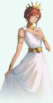armlet bare_shoulders belt bracer brown_eyes cissnei clothes_lift cosplay crowd detached_sleeves dress dress_lift earrings final_fantasy final_fantasy_vii final_fantasy_vii_rebirth final_fantasy_vii_remake gold_armlet gold_belt gold_collar gold_earrings gold_trim hand_on_own_chest highres jessie_rasberry jewelry looking_at_viewer princess_rosa_costume red_hair sleeveless sleeveless_dress tiara updo white_background white_dress zakushisu
